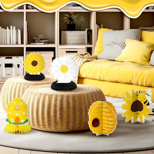 Image of 12 Pcs Honey Bee Party Decoration Baby Shower Gender Reveal Centerpiece Honeycomb Beehive Centerpieces Wedding Table Decoration for Bee Day Themed Birthday Party Supplies