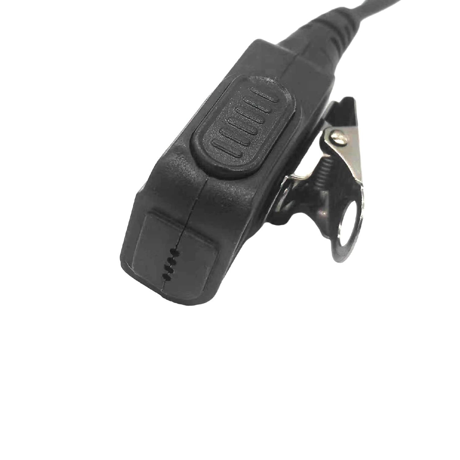 Close-up of the Push-to-Talk (PTT) button and integrated clothing clip on the earpiece unit.