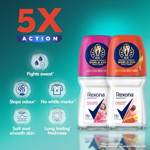 Image of Rexona Lotus Flower & Shea Butter and Sandalwood & Jojoba Oil Antiperspirant Roll-On | for Women | Limited Edition Pack - ICC Women's Cricket World Cup India 2025 |50 ML (Pack of 2)