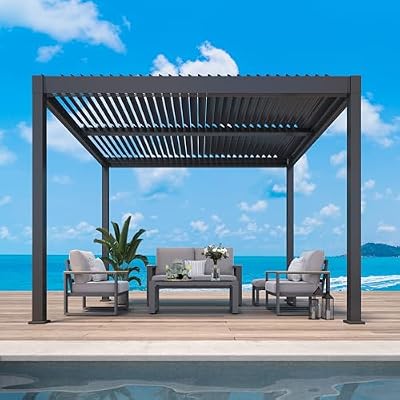 RoyalCraft 10'x 12' Adjustable Louvered Pergola, Heavy-Duty Aluminum Outdoor Pergola with Adjustable Roof for Patio, Deck, Garden, Yard, Black