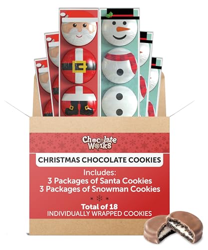 Image of Chocolate Covered Cream Filled Cookies by Chocolate Works, Gourmet Christmas Chocolate Gift Box, Milk Chocolate Coated Cookies, Santa Claus and Snowman Gift, 6 Premium Chocolate Treats Packs