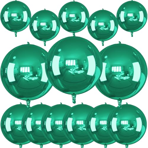 Image of 14 Pcs Green Round Foil Balloons 22 /15 /10 Hunter Emerald Forest Green Metallic 4D Ball Balloon Ornament Mylar Balloon Chrome Birthday Grad Wedding Anniversary Safair New Year Disco Party Decor