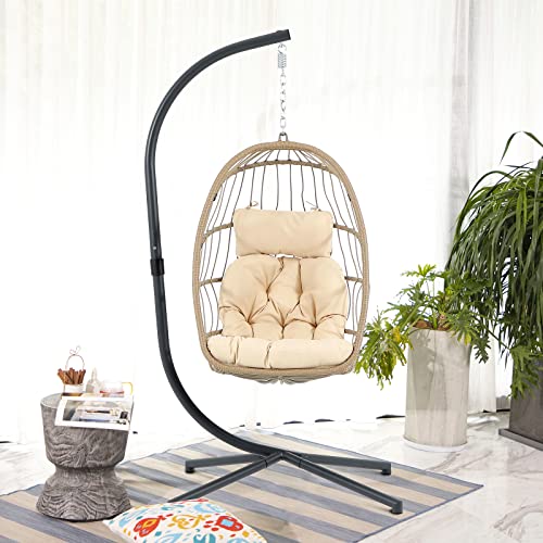 Patiorama Indoor Outdoor Egg Swing Chair with Stand, Patio Tan Wicker Rattan Hanging Chair with Rope Back, Cushion,Cover,All Weather Foldable Hammock Chair for Bedroom, Porch, Garden (Beige) - Thumbnail 7
