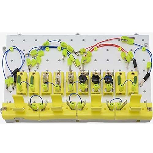 Equipo de experimentación didáctica de circuitos eléctricos físicos, bombillas pequeñas en serie y en paralelo, reóstato deslizante, caja de batería, cable de corriente y voltímetro para estudiantes.