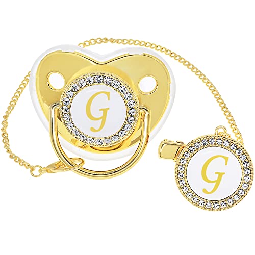 Image of Bling Personalized Golden Baby Pacifier with Pacifier Clips and Anti-dust Cover A-Z 26 Letters(Gold,G)