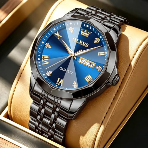 Image of OLEVS Watch for Men Diamond Business Dress Analog Quartz Stainless Steel Waterproof Luminous Date Two Tone Luxury Casual Wrist Watch Blue
