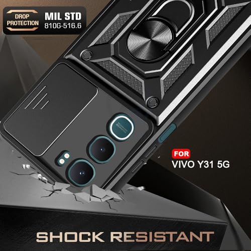 Image of AESTMO Tough Armor Vivo Y31 5G Bumper Back Case Cover | Ring Holder & Sliding Camera Shield Cover | 360 Degree Protection Back Case Cover for Vivo Y31 5G (Black)