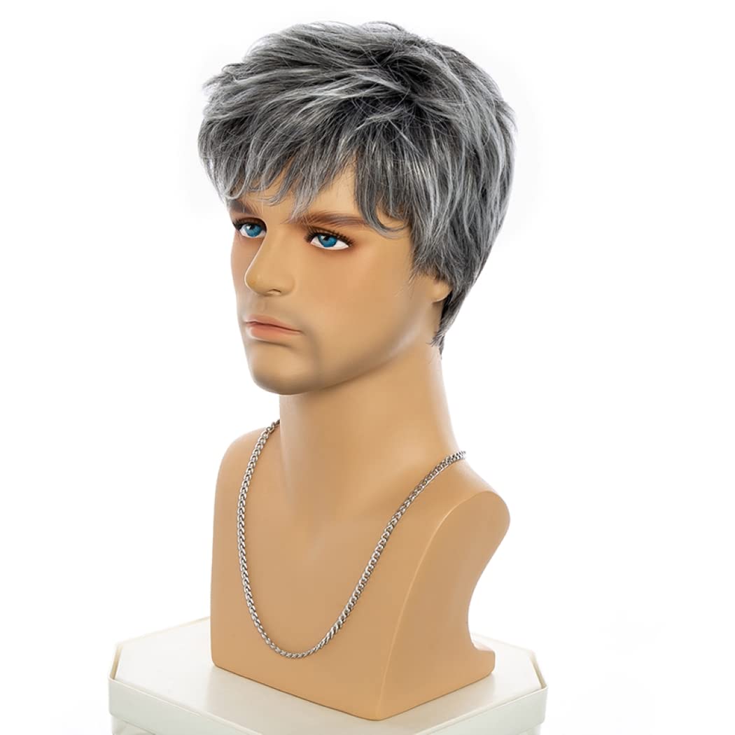 Parrucche sintetiche dritte grigie miste corte per uomini giovani con frangia Toupee per capelli per uomo Parrucche a strati soffici ed eleganti naturali Parrucche da uomo (Grigio misto)