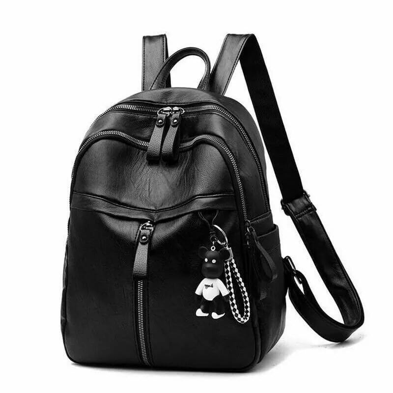 Mochila Feminina de Couro Sintético, Preta, Estilo Casual, com Zíperes e Chaveiro Decorativo