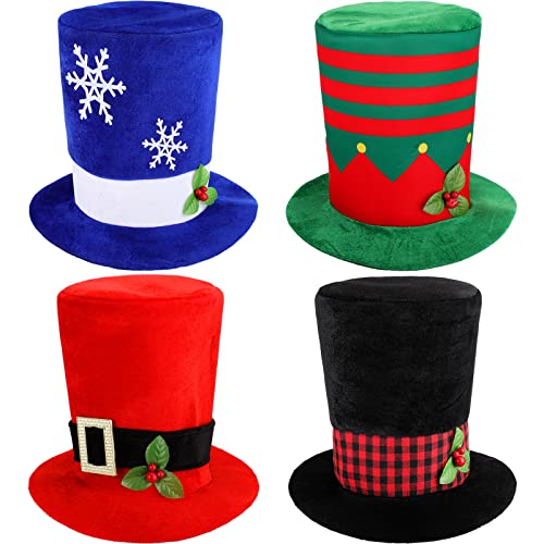 Handepo 4 Pcs Christmas Top Hat with Plaid Band Holly Berries Black Top Hat Vintage Look Snowflake Caroler Costume(Novelty)