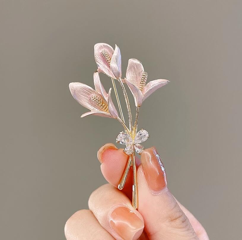 Image of Elegant Pink Lily Flower Brooch Pin for Women - Rhinestone Lily Lapel Pin for Coats, Jackets, and Sweaters