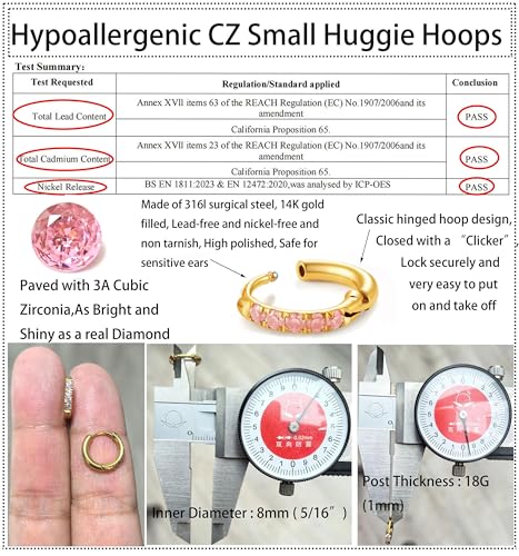 Image of Hypoallergenic Unisex Surgical Steel Small Cubic Zirconia Huggie Hoop Earring, Color Gold - Silver - Rose Gold - Black - Rainbow, Size 6mm- 12mm Safe for Sensitive Ear