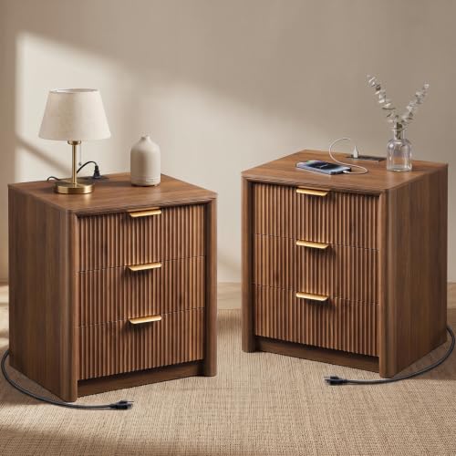 Image of LYNCOHOME 23 inch Fluted Nightstands Set of 2 with Charging Station, 3 Drawer Bedside Table, Modern Night Stand with Curved Edge, Wooden End Table for Bedroom, Rounded Night Stand with Storage, Walnut