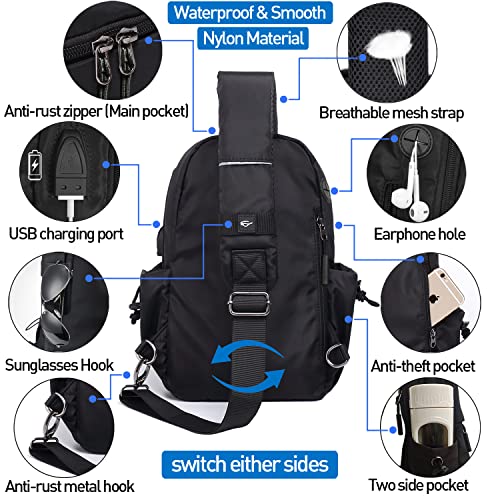 Small Black Sling Crossbody Backpack Shoulder Bag For Men Women, Waterproof Lightweight One Strap Backpack Sling Bag Backpack For Hiking Walking Biking Travel Cycling Usb Charger Port-Nylon #TOP2