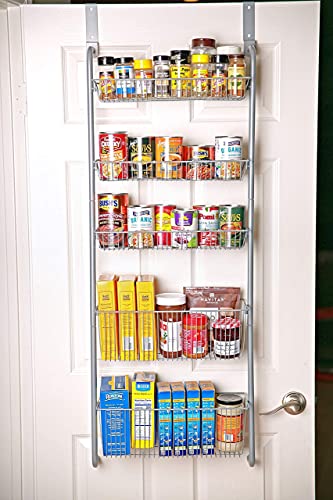 Bee Home Over The Cabinet Pantry Door Or Wall Mounted Heavy Duty Metal Basket Organizer Storage Rack For Kitchen, Bathroom, Office, Toy Room Includes Hooks For Over The Door Or Wall Mounting (5 Tier) #TOP1