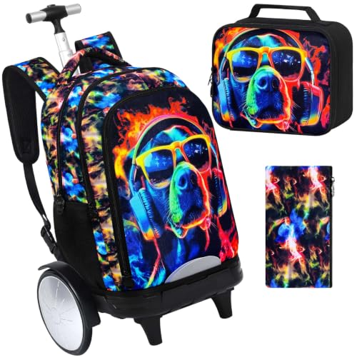 HPJGD Mochila com rodinhas para meninos com lancheira e estojo de lápis – Conjunto de 3 unidades de viagem com design legal de cachorro com óculos de sol, resistente à água e refletiva para escola