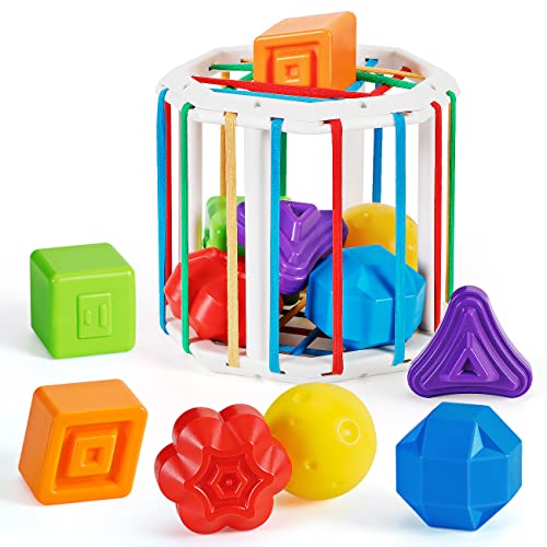 Image of LOTOY Montessori Toys, Baby Sensory Bin, Shape Sorter, Age 1-2, 6-12-18 Months, Boy Girl, Includes 1 Cube, 6 Shapes, Elastic Bands, Rattle Toy