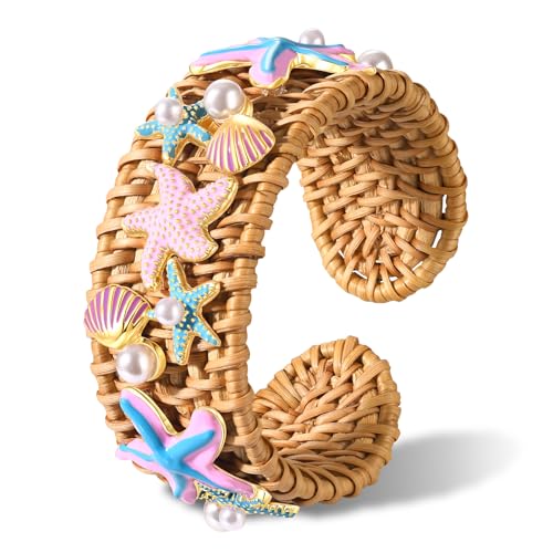 NLCAC Rattan Cuff Bracelet Seashell Western Cowgirl Boot Rattan Bangle Straw Wicker Braid Open Cuff Bracelets Summer Beach Party Outfits for Women