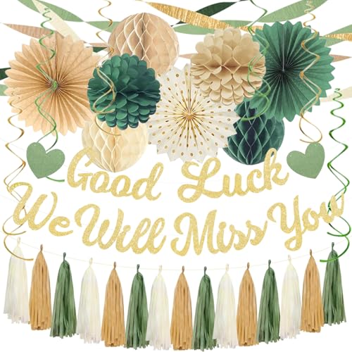 Green Farewell Party Decorations Men Women Good Luck We Will Miss You Banner Crepe Paper Streamers Honeycomb Balls Kit For Going Away/Leaving/Retirement Party Dcor Coworker Goodbye Party