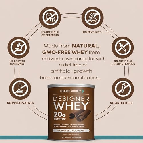 Image of Designer Wellness, Designer Whey, Natural Whey Protein Powder with Probiotics, Fiber, and Key B-Vitamins for Energy, Gluten-Free, Gourmet Chocolate, 12oz