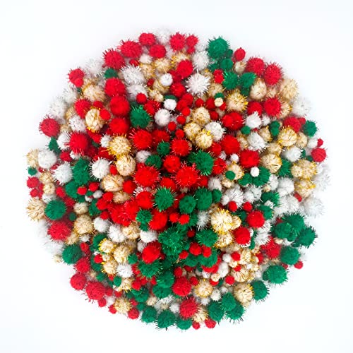 Lusy DM 1500 Pieces Christmas Pom Pom Glitter Pom Pom Balls Christmas Tinsel pom pom for Craft Making and Hobby Supplies (4 Sizes Gold White Red Green)
