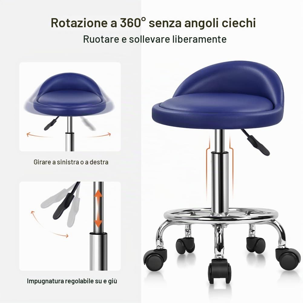 KKTONER Sgabello rotondo in ecopelle con schienale regolabile girevole per lavori di progettazione SPA con ruote colore blu navy
