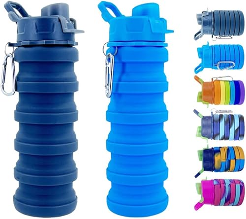 Miniatura 1 de konlongzan Botellas de agua plegables paquete de 2 botellas de agua de silicona con mosquetón, botella de agua expandible de 16.9fl oz, botella de