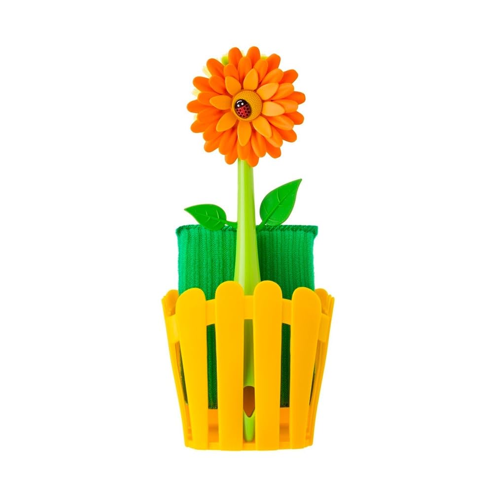 Vigar Flower Power 3-in-1 Kitchen Sink Caddy Set, Flower-Shaped Dish Brush, Sponge, Fence-shaped Holder and Suction Cup, Ideal Sink Organizer, Orange