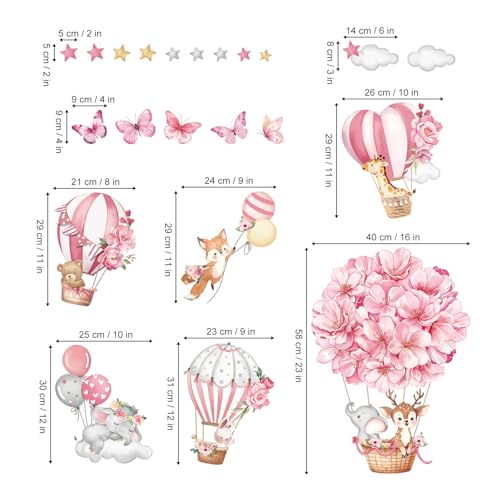 decalmile Pink Hot Air Balloon Animal Wall Decals Flowers Balloons Elephant Deer Fox Wall Stickers Girls Room Baby Nursery Kids Bedroom Wall Decor - Image 4
