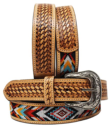 Western Antique Basket Weave Tooled Beaded Full-Grain Leather Belt 26FK53