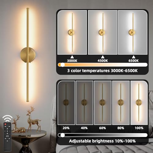 Image of Wall Sconces Battery Operated Set of Two, Gold LED Wireless Wall Sconce with Remote Control 350 Rotate, 27.6 Inch Dimmable USB Rechargeable wall Lights for Living Room Bedroom Hallway