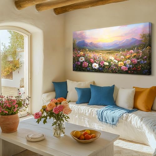 crmotu Landscape Wall Art, Oversized Wall Art, Floral Wall Decor, Mountain Flower Sunset Oil Paintings, Vibrant Scenic Pictures Wall Decor Living Room Bedroom Hallway Farmhouse Canvas Prints 30x60inch