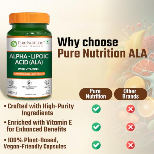 Image of Pure Nutrition Alpha Lipoic Acid (ALA) 300mg with Vitamin E | Powerful ALA Supplement Antioxidant for Nerve & Heart Health | Supports Healthy Blood Sugar, Energy Metabolism & Cellular Protection - 120 Veg Capsules