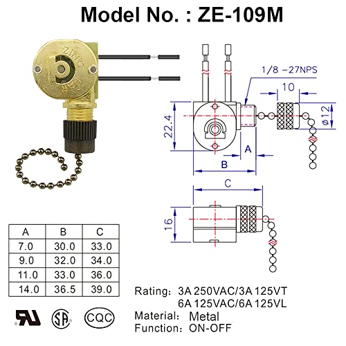 Image of Metal Pull Chain Switch Zing Ear ZE-109M Heavy Duty, Bronze | Durable 2 Wire Ceiling Fan Light ON /OFF Control Replacement for Hunter Ceiling Fans Wall Lamps Cabinet Light