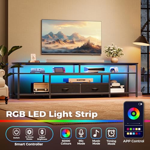 Huuger TV Stand for 75 80 Inch TV, Entertainment Center with Power Outlets and LED Lights, 70.9 Inch TV Console for Living Room, Media Console with Drawers and Shelves, Black, 8780BC