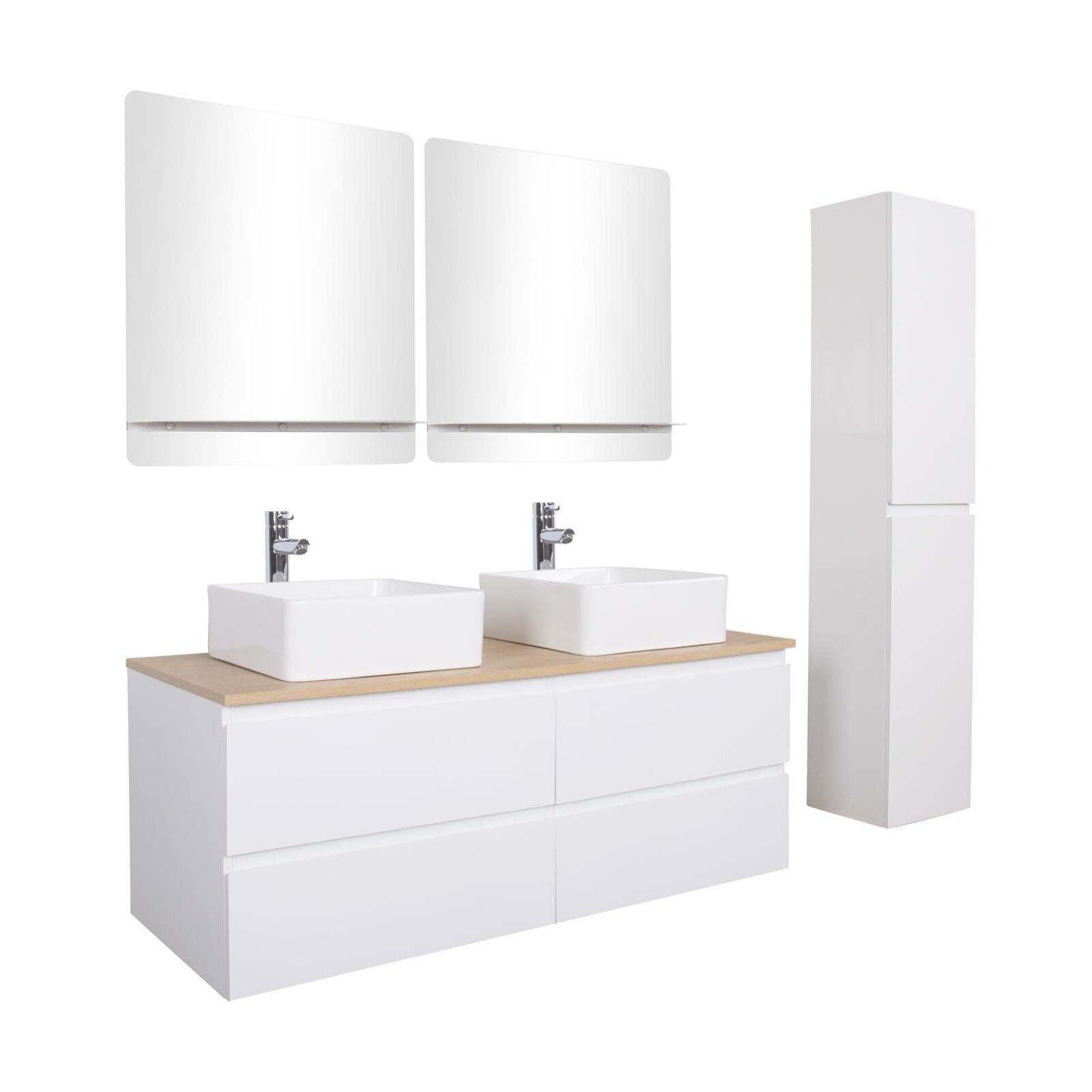 MOB-IN Set mobile doppio lavabo bianco 120 cm + 2 lavabi + 2 specchi + 2 rubinetti + colonna Sorrento