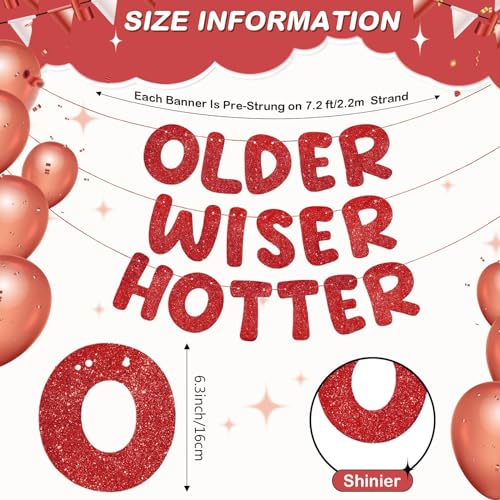 Image of Fulmoon Set of 3 Pre Strung Older Wiser Hotter Glitter Banner Funny Birthday Banner for Women 30th 40th 50th 60th 70th 80th Birthday Party Decorations Sign Gift(Red)