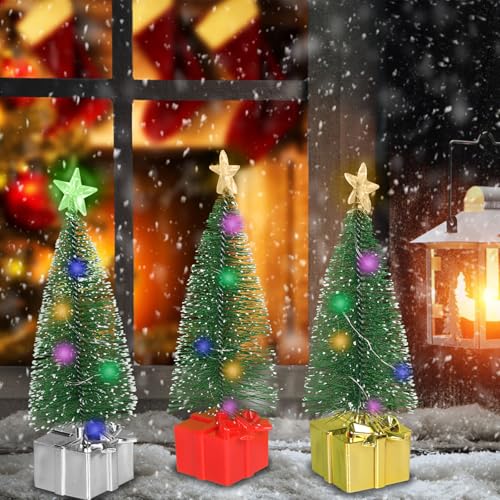 3Pcs Mini Cedar Christmas Tree With LED Lights Table Top Artificial Christmas Trees Decoration, Miniature Christmas Trees Xmas Artificial Table Tree with Lights for Home Office Desktop Christmas Tree