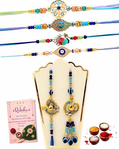 Image of Fabbites Rakhi Set of 6 for Brother, Bhabhi, KIds,Men,Boys,Girls-Combo Pack of Designer Glorious Stunning Collection Family Rakhi Pack with Rakshabandhan Greeting Card,Roli Tika Set