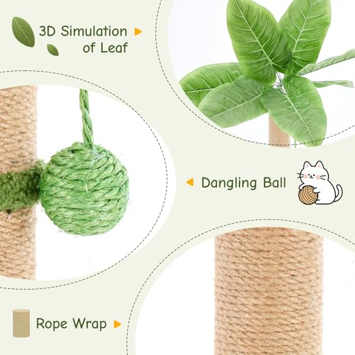 Image of Sweetcrispy 33 inch Cat Scratching Post for Indoor Cats, Cat Scratcher Scratching Posts with Dangling Ball for Adult, Palm Tree Cat Scratch Post for Kittens, Green
