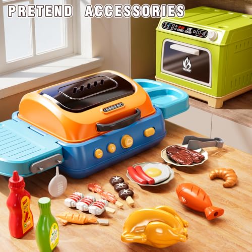 Image of Kids BBQ Grill Playset Toy, 2-Layer Play Kitchen Toddlers Toys with Oven and Smoke, Cooking Toys for Kids Ages 4-8, Light and Sound, Barbecue Outdoor Grill Play Gift Toy for Toddler Girls 3-5