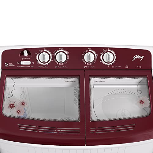 Image of Godrej Edge 7.5 Kg 5 star Semi-Automatic Top Loading Washing Machine Appliance (WS EDGE 75 5.0 TB3 M WNRD, Wine Red, Toughened glass lids)