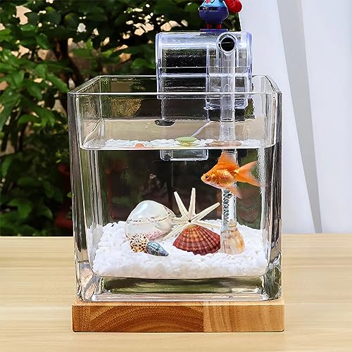 Image of SARUFO 0.81Gallon Fish Tank Kit Desk Aquarium Set Small Glass for Kids Beginner Square Betta Fish Bowl with Wooden Base LED Light Water Pump Accessories Self-Cleaning Filter Copyright Patent