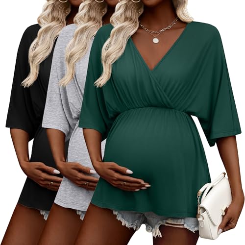 Image of Ficerd 3 Pack Womens Maternity Shirts, V Neck Nursing Pajamas Pregnancy Nightgown Tops 3/4 Sleeve Sleepwear for Breastfeeding
