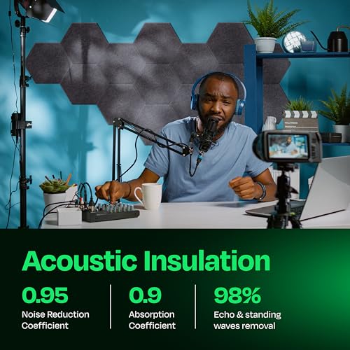 Image of Acoustic Panels 12-Pack - 12 inchX10.4 inchX0.4 inch Sound Panels - High Density Sound Dampening - Pebble Gray Hexagon
