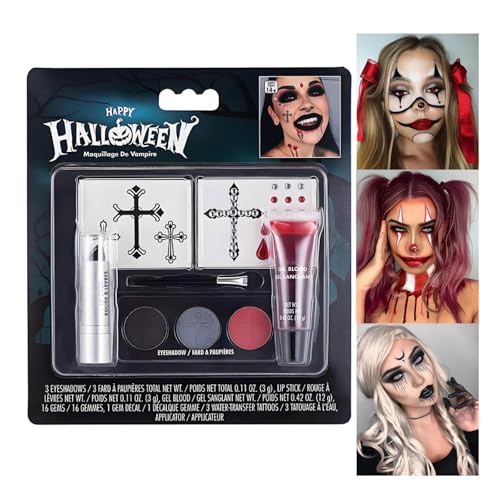 Conjunto de pintura facial de 8 peças, kit de maquilhagem de vampiro para Halloween, conjunto de pintura com paleta de sombras de olhos, autocolantes de gemas, gel de sangue falso, batom preto e