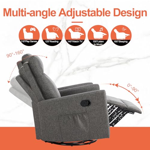 Swivel Recliner Chair, Rocking Chair Nursery, Glider Rocker Recliner, Nursery Chair with Extra Large Footrest for Living Room, High Back, Upholstered Deep Seat (Deep Gray)