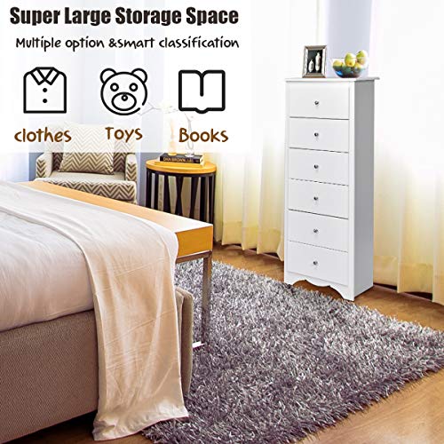 COSTWAY Wooden Chest of Drawers, 6-Drawer Dresser Cabinet, Floor Standing Tall Narrow Storage Cupboard Organiser Unit for Bedroom, Living Room, Closet and Hallway (White) - Image 3