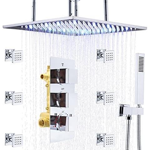 HOMEDEC Shower Jets System, 20 Inch Ceiling LED Rainfall Shower Head with 6 Body Sprays (Volume Adjustable) and High Pressure Handshower, Rough-in Mixer Valve Included Shower Combo Set, Chrome Cover