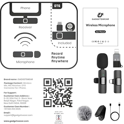 Image of GADGETSWEAR Dual Wireless K9 Lavalier Microphone Plug and Use for YouTube Recording Video, Collar Bluetooth Mic for Vlogging, Portable & Compatible Android, iPhone